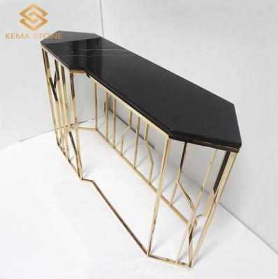 China Customized Modern Unadjustable Irregular Natural Black Marble Stainless Steel Gold Frame Accent Entryway Console Table for sale