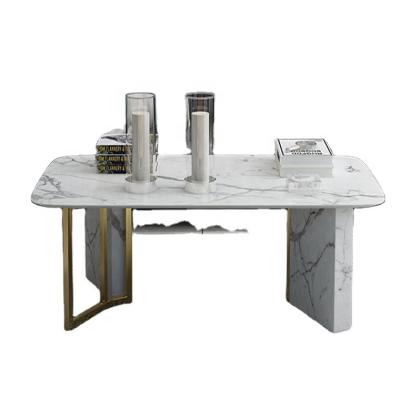 China Fascinating Elegant Rectangle UnAdjustable Modern Faux Calacatta White Marble Coffee Table With Stainless Steel And Gold Marble Leg Base for sale