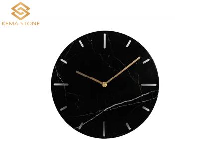 China New Design Europe Round Natural Stone Black Marquina Marble Wall Clock For Living Room for sale