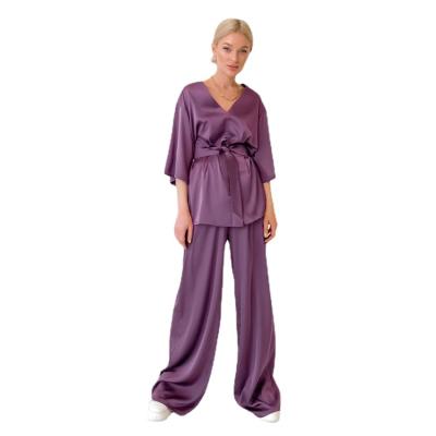 China Homewear 2021 Autumn French Temperament Long Sleeve Nightgown Pants Suit Breathable Elegant Purple Women Loose Comfortable Homewear for sale