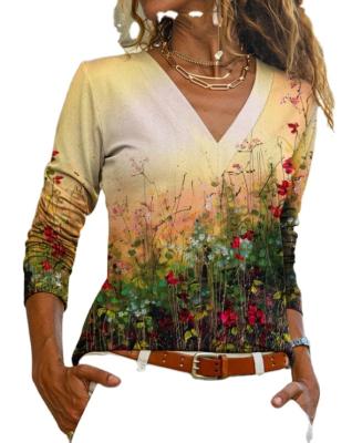 China 2021European and American leisure multi-color printingVCollar long sleeveTT-shirt new women's clothing for sale