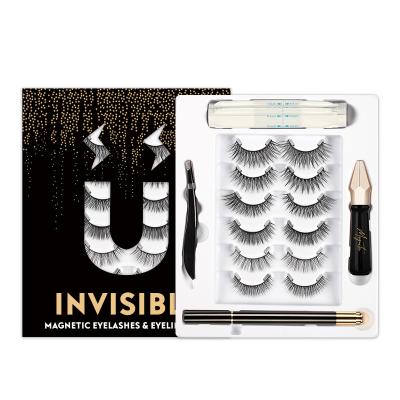 China New style invisible good quality 6 pieces custom your Logo3D Mink Magnetic Eyelashes With Eyeliner for sale