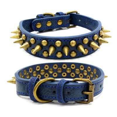 China Pet Supplies Stocked New Arrival Customized Rivet Adjustable Genuine Leather Dog Collar for sale