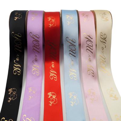 China Bright Color Stability Polyester Printed Ribbon 6-40mm Valentine's Day You And I Bronzed Gold Gift Box Flower Wrapping Printed Stampting Decoration for sale