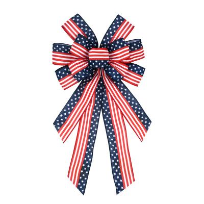 China Star Viable Blue Red White Stripes Print USA Independence Day Holiday Decoration Burlap Multilayer Bow for sale