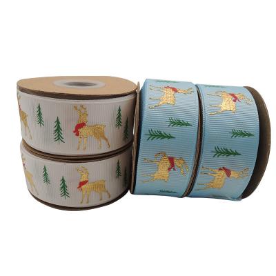 China Tree 25mm Wide Happy Christmas 2021 Grosgrain Ribbon Gold Deer Viable Ribbon Snow Binder Printing Decorative Ribbon Set Holiday Party for sale