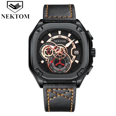 China NEKTOM 2022 Square Chronograph Quartz Watch Sport Watches Waterproof Leather Strap Quartz Wrist Men Luxury Watches for sale