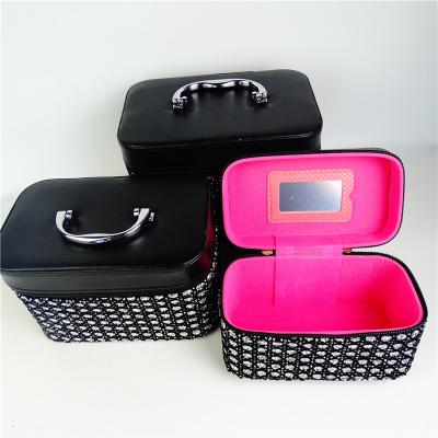 China Lady Black 3pcs Diamond PU Storage Cases Different Fashion Leather Hard Cosmetic Lady Waist Bags Makeup Box for sale