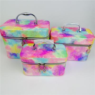 China Lady New Design 3pcs Rainbow Watercolor Painting PU Cosmetic Bags Makeup Box Hard Leather Cosmetic Lady Storage Box Fashion for sale