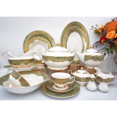 China New RTS viable nabor bone china 50pcs embossed royal gold dinnerware set tableware luxury for sale