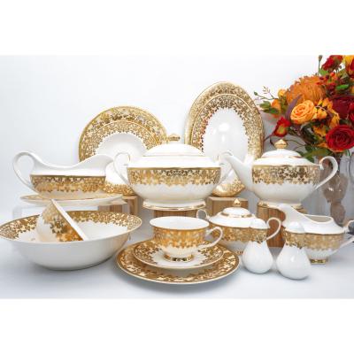 China New RTS viable posuda bone china 50pcs embossed gold dinnerware set porcelain dinner bone china for sale