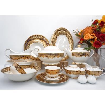 China New RTS viable posuda bone china 50pcs embossed gold vintage style dinner china dinnerware set for sale