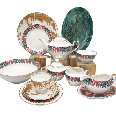 China Posuda New Viable Fine Bone China Red And Green Bone China Dinnerware Sets With Gold Rim for sale