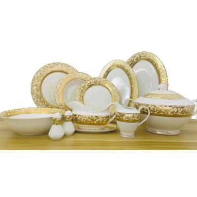 China New Ukraine Sustainable Bone China 28pcs Embossed Gold Ceramic Dinner Set Dinnerware Set for sale