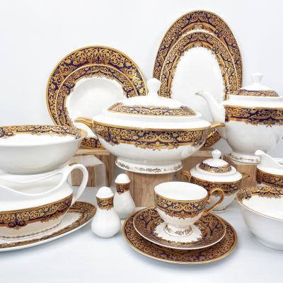 China New viable posuda bone china 50pcs embossed set luxury bone china dinner gold plate russian dinnerware for sale