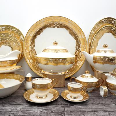 China Sustainable Embossed Gold Porcelain Dinner Sets Ceramic Porcelain For 18 Person for sale