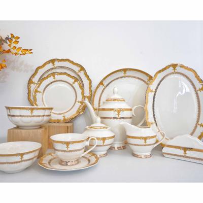 China New Edge Posuda Bone China Viable Cut Fine Cut Dinnerware Porcelain Dinner Sets With Gold Rim for sale