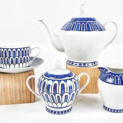 China Viable Cup and Saucer 17Pcs European Classic Porcelain Blue and White Tableware Ceramic Tea Set with Gold for sale