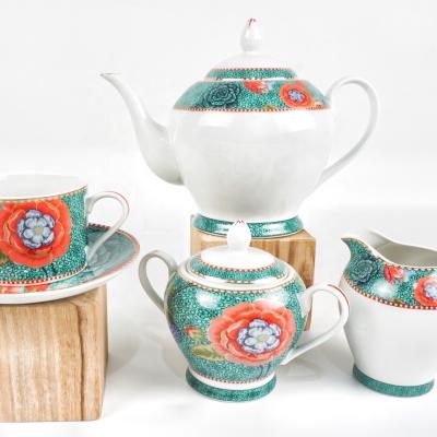 China Sustainable Green Ceramic Flower Tea Set Porcelain Cup And Saucer Indonesia Gold Plated Tableware for sale