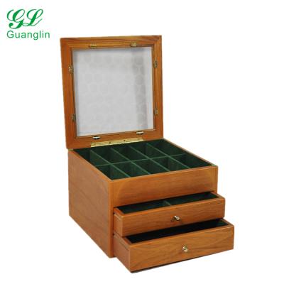 China MDF + Ashtree Veneer in OAK Wood Finish Oak 2 Drawer Glass Top Mini Tool Box for sale