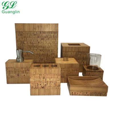 China Viable Handmade Bamboo 7pcs Cork Farmhouse Decor Wood Bathroom Accessory Set for sale