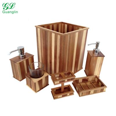 China Sustainable Acacia Wood Bathroom Accessories 6 Piece Bathroom Set For Cute Spa Bath for sale