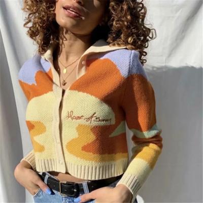 China New Fashion Designer Multi Color Pattern Cardigan Ladies Harajuku Sueter China Custom Knitted Sweater Breathable Jacquard Tapestry for sale