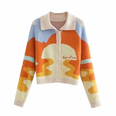 China Custom Made China Spring New Fashion Designer Color Cardigan Ladies Harajuku Sueter Spring Knitted Sweater Breathable Jacquard Striped Tapestry for sale