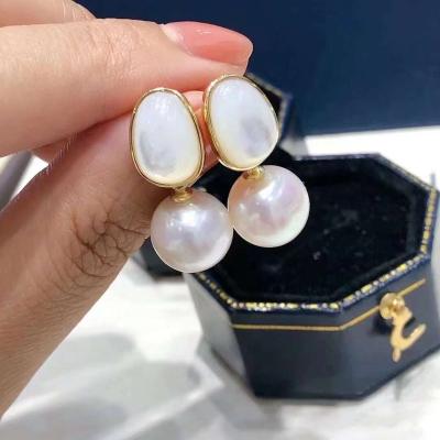 China TRENDY Dual-use 925 sterling silver design geometric egg surface seashell earrings 10mm high quality freshwater pearl earrings for sale