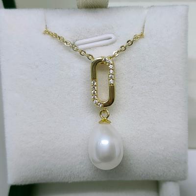 China TRENDY 925 Sterling Silver Micro-Inlaid Zircon Round Water Drop Chain 8-9MM Pearl Necklace Pendant Freshwater Necklace for sale