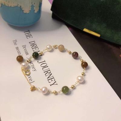 China TRENDY USA imported 14k gold filled bracelet natural tourmaline round pearl 5-6 mm freshwater pearl mixed color pearl bracelet for sale