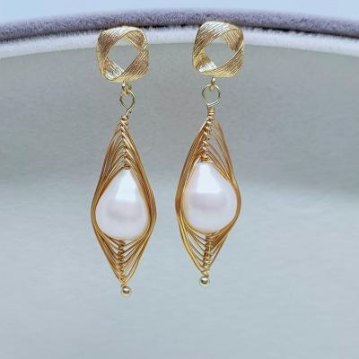 China Cute Newest Trend 925 Sterling Silver Handmade Needles 14K Gold Filled Freshwater Pearl Dangle Earrings Drop Earrings for sale