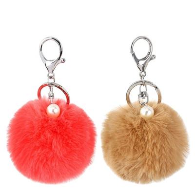 China Pom Pom Keychain Women Car Keychain Women Car Pendant 22 Color Pearl Hair Ball Key Chain Environmental Protection 8cm Rabbit Fur Pearl Ball for sale