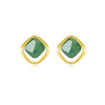 China CLASSIC Silver Inlaid Chinese Style Hetian Palace Jasper Stud Earring Classic Retro Square Natural Temperament YINSAKI S925 for sale