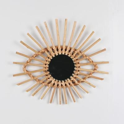 China Wooden Mirror Woven Rattan Eye Mirror Rattan Wall Mirror Minimalist Home Decor Rattan Furniture Decoration Sun Flower Shape Wall Hanging for sale