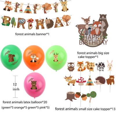 China Cute Jungle Latex Animals Forest Animals Children Birthday Party Venue Paper Decorations Balloon Cake Topper Set Pull Flag Party Supplies for sale