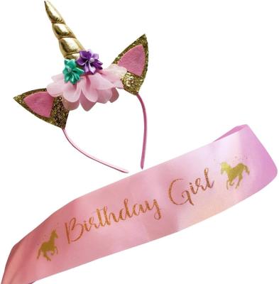 China Happy Birthday Unicorn Party Supplies Favors Decor Unicorn Birthday Girl Set Gold Glitter Plastic Girls Unicorn Headband Pink Satin Sash for sale