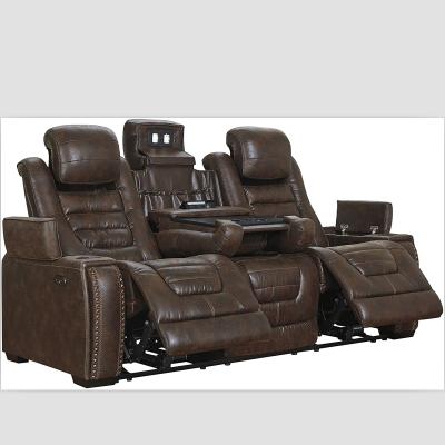 China Contemporary Luxury Brown Leather USB Electric Recliner Home VIP 3 Seater Cinema Theater Seating Smart Sofa with Power Adjustable Headrest for sale