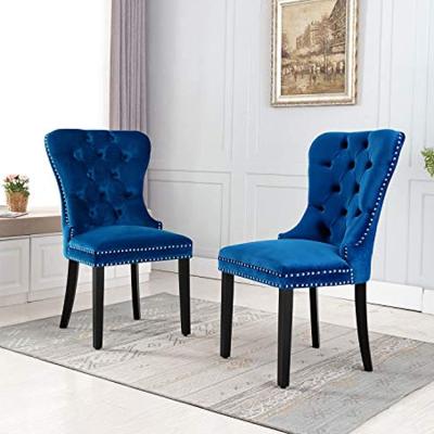 China 2021 modern navy blue velvet tufted button back antique wood restaurant dining chair for dining room for sale