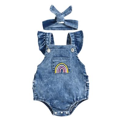 China Summer Newborn Short Sleeve Baby Clothes Infant Boys Girls Rainbow Embroidery Strap Denim Rompers Overalls for sale