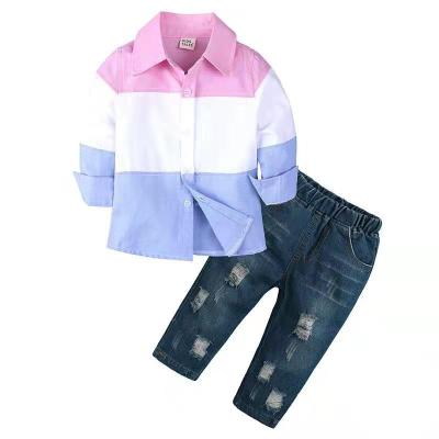 China Formal Infant Boy Suit Set Girls Autumn Gentleman Striped Shirts+Denim Pants Clothes 2pcs Sets Kids Hole Jeans Children Boy Clothing for sale