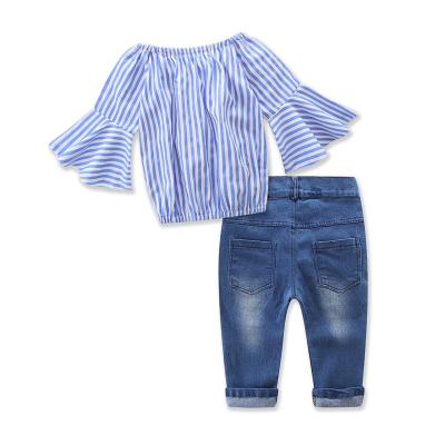 China 2-7y Toddler Kids Casual Baby Clothes Sets Blue Stripes Tops T-shirt Denim Long Pants Jeans Outfits Set for sale