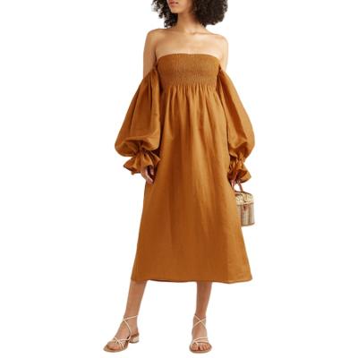 China New Coming Viable Off Brown Canvas Tube Top Smocked Shoulder Puff Sleeve Dress For Women for sale