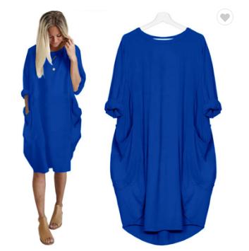 China Women Solid Color Breathable Customed Casual Loose T-shirt Dress Over Sized Pocket Sweater Loose Dresses for sale