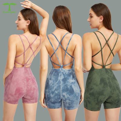 China Summer Collection Breathable Cross Criss Beauty Back Tie Die Double Strap Jumpsuit Fitness Shorts Women Active Wear Sets for sale