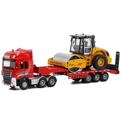 China Diecast Toy 1:50 Metal Platform Truck With 1:60 Metal Road Roller Diecast Model Toy Yellow Engineering Vehicle Model OEM Customized for sale