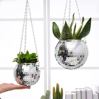 China Modern Disco Mirror Ball Planter Pot Ball Shape Hanging Basket Flower Pots Basket Planters Ball Flower Pot Metal Macrame Rope Silver Silver Pretty for sale