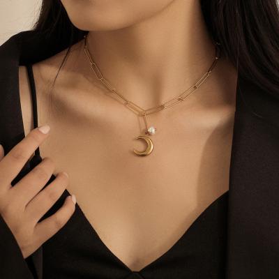 China Simple Pearl Gold Plated Short Titanium Moon Style Cold Temperament August Jewelry Stainless Steel Shiny High Polished Steel Necklace for sale