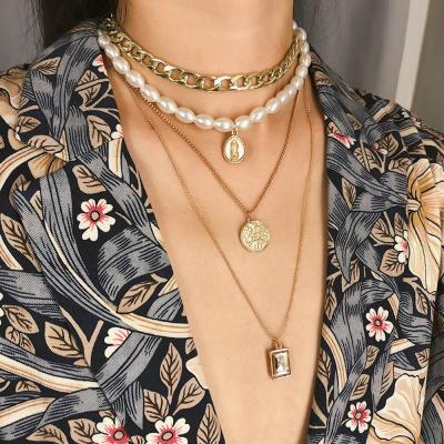 China New fashion jewelry august jewelry pearl diamond necklace queen high shiny long polished multilayer sweater chain creative necklace evening for sale