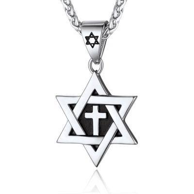 China CLASSIC Six Pointed Star Cross Men Stainless Steel Necklace Hip Hop Cross Pendant Long with Jewelry Gift Send a friend for sale